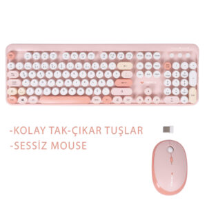 Renkli Tuşlu Kablosuz Pembe Q Türkçe Klavye+Mouse Seti