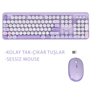 Renkli Tuşlu Kablosuz Mor Q Türkçe Klavye+Mouse Seti